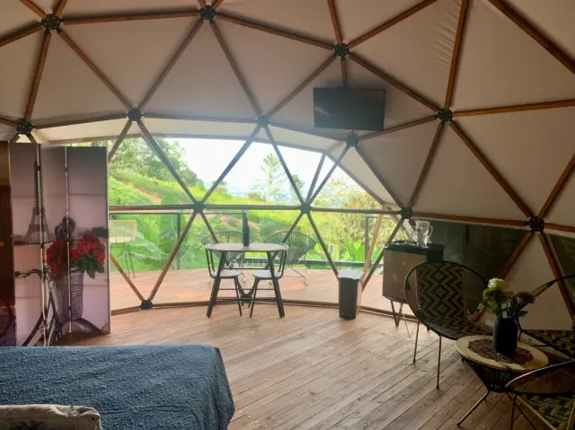 Domo de glamping de lujo rodeado de naturaleza, con terraza privada y vista verde, ideal para descanso exclusivo.