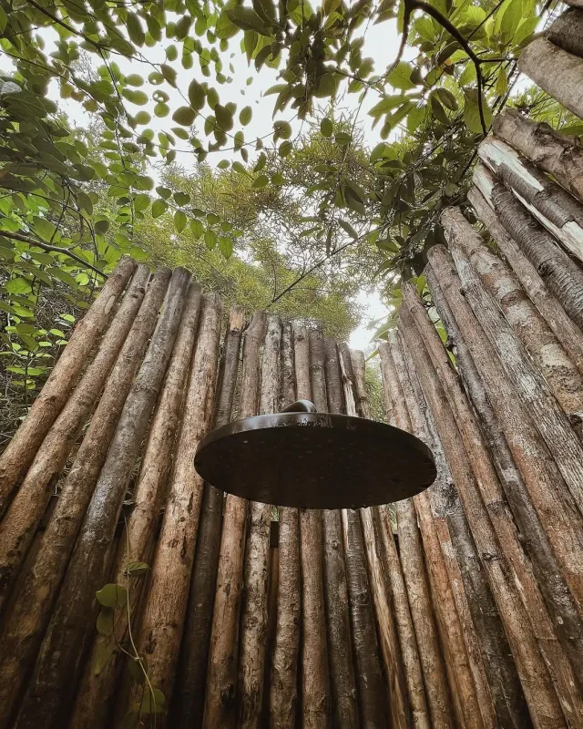 Ducha al aire libre en glamping con paredes de madera, rodeada de árboles y luz natural, para una experiencia en la naturaleza