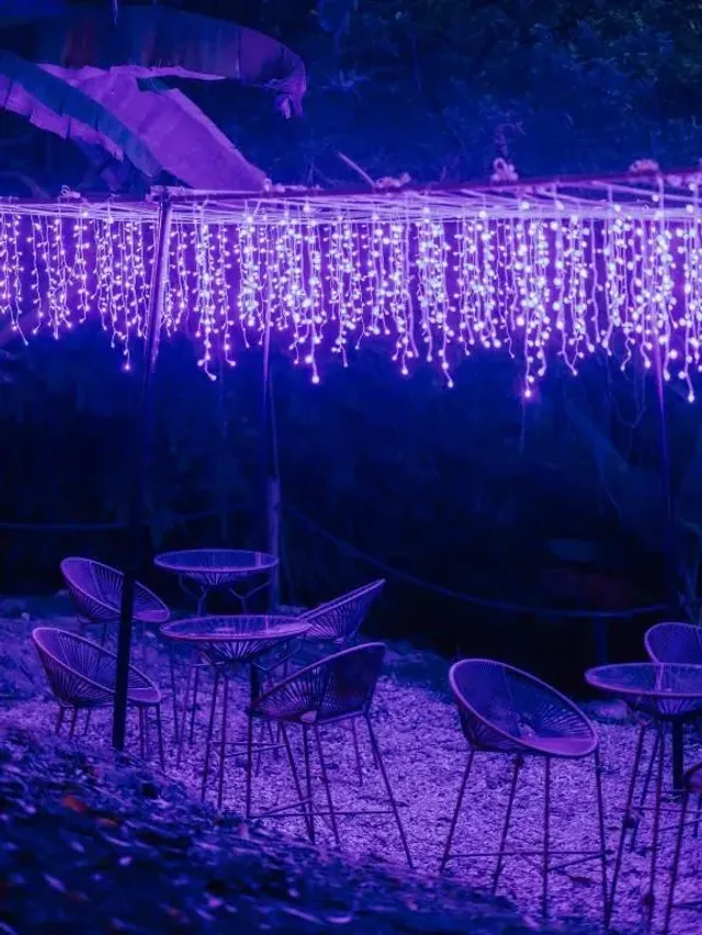 Terraza con sillas y luces violetas colgantes en glamping Bucaramanga.