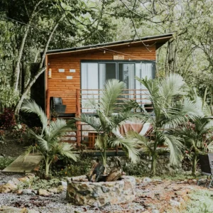 Cabaña de madera rodeada de vegetación exuberante, con un área de fogata al frente.